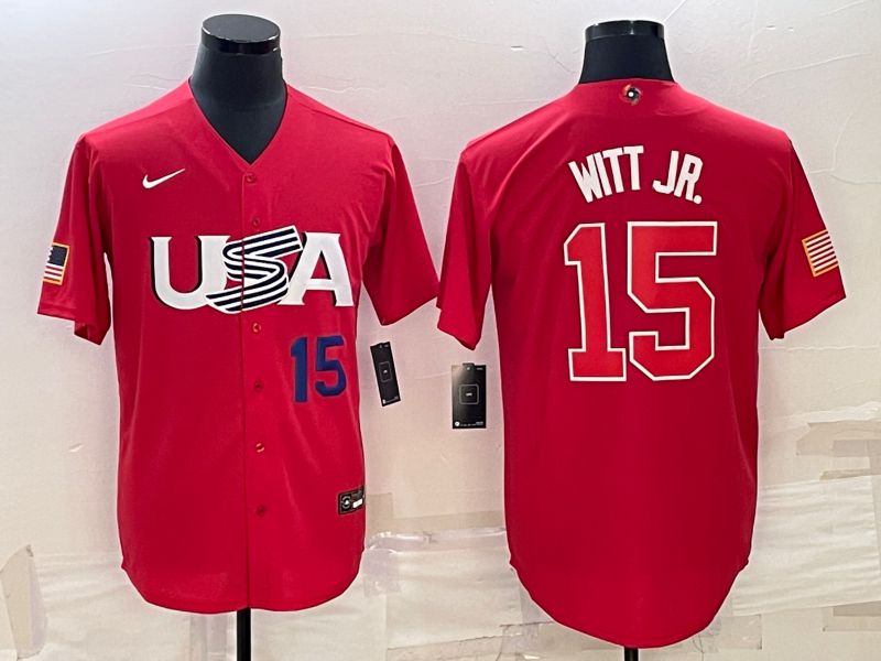 Men 2023 World Cub USA #15 Witt jr Red Nike MLB Jersey1
